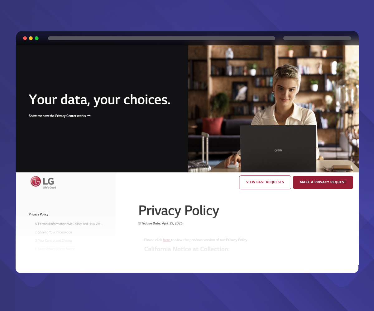 LG's Privacy Policy webpage featuring "Your data, your choices" banner, a woman with a laptop, and privacy request buttons.