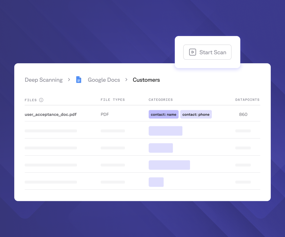 User interface showing a deep scan of Google Docs for customer files, categorizing contact data and displaying a "Start Scan" button.