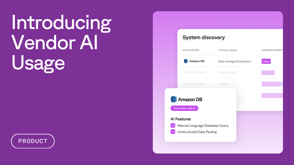 Text displaying "Introducing Vendor AI Usage" on a purple background, alongside a graphic of a UI labeled "System discovery," highlighting "Amazon DB" with features like Natural Language Database Query and Unstructured Data Parsing.
