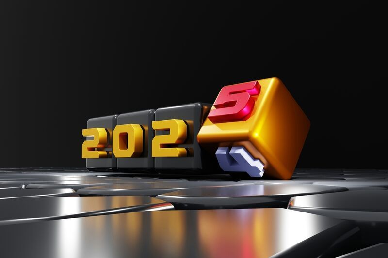 The numbers 2025 are displayed with a glossy finish; the five is a bold red cube, suggesting modernity and futuristic style against a sleek, dark background.
