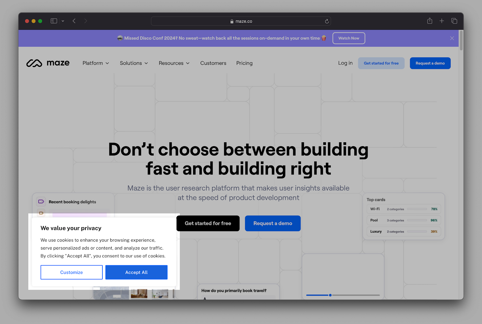 A website homepage features the text "Don't choose between building fast and building right" with buttons for getting started and requesting a demo. A cookie consent pop-up with options to customize or accept all cookies is displayed at the bottom.