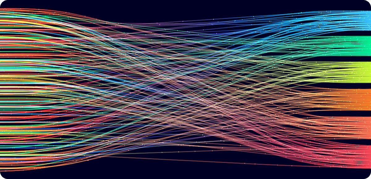 Rainbow colored mesh of lines being sorted into each color