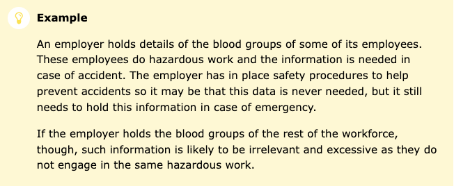 A paragraph explaining that an employer holds employees' blood group information due to the hazardous nature of the work for emergency purposes, emphasizing the necessity of such data only for those engaged in hazardous tasks.