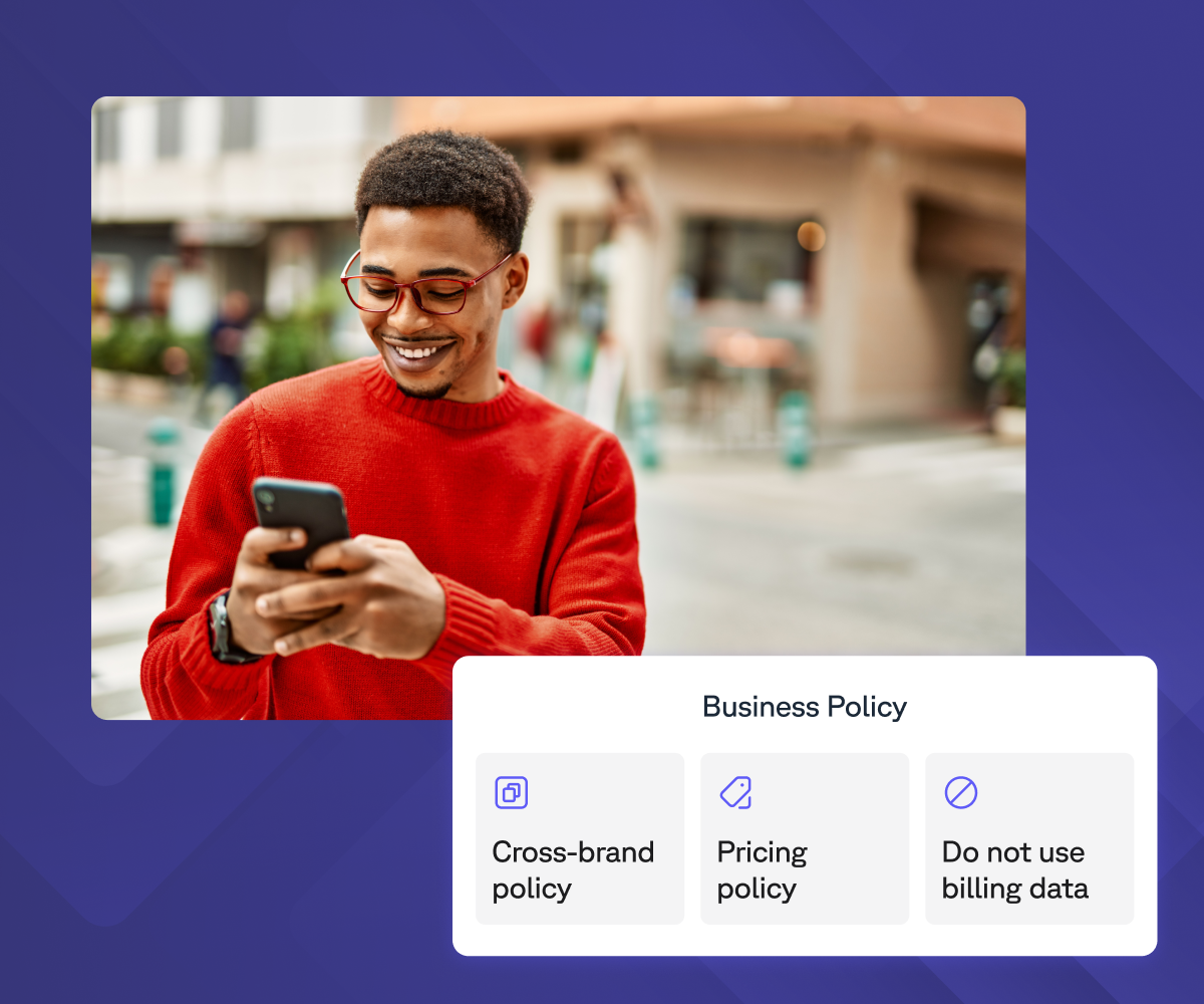 A smiling man uses a phone, with a "Business Policy" card overlaid showing Cross-brand, Pricing, and Do not use billing data policies.