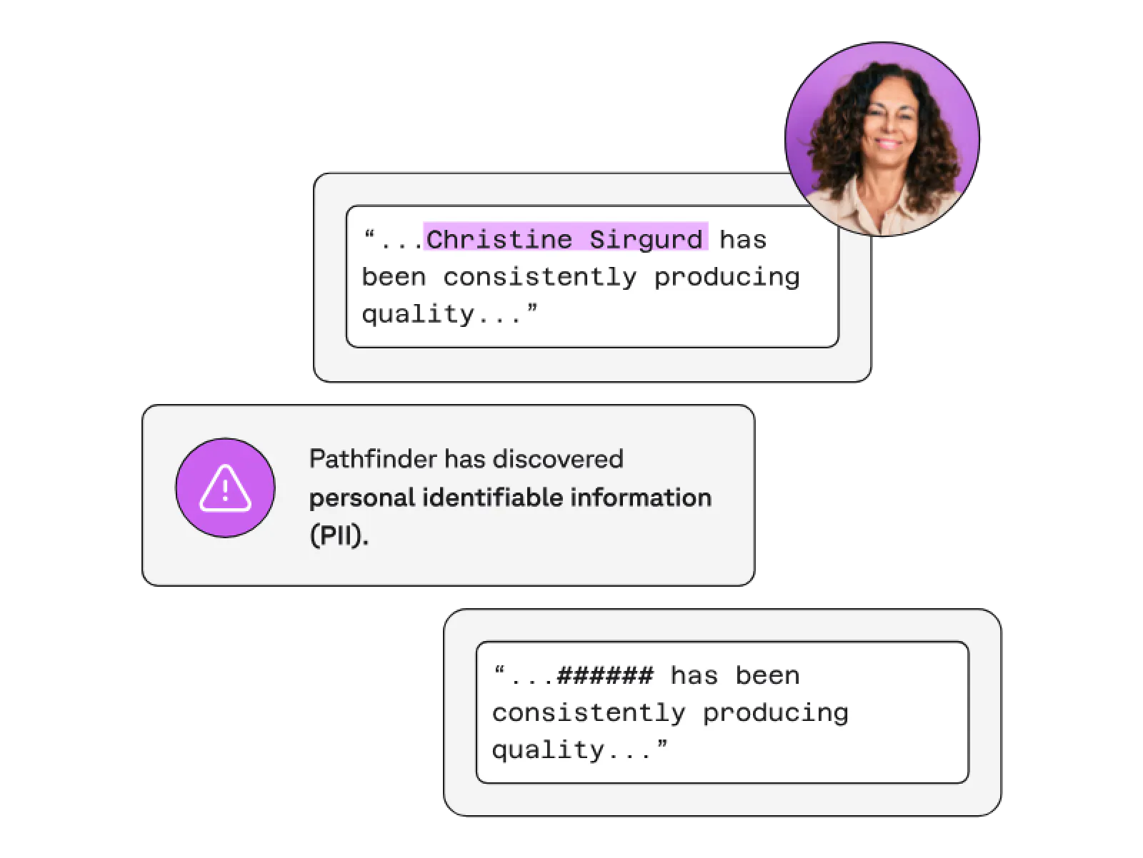 Headshot of woman above several textboxes showcasing Pathfinder tools
