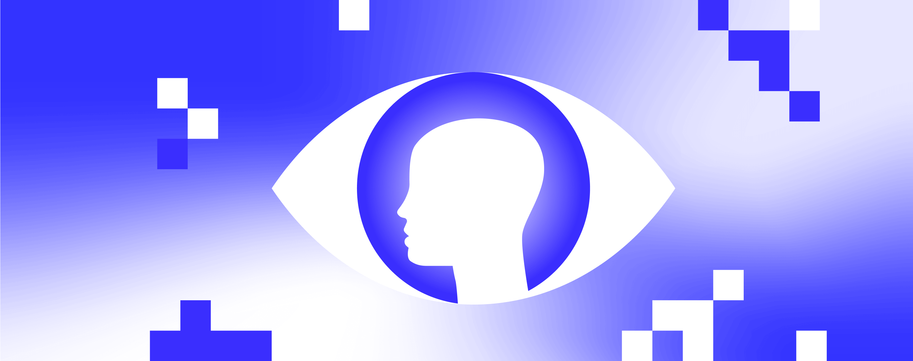 Simple bold graphic showing human head sillhouetted in the iris of an eye in front of blue white gradient background