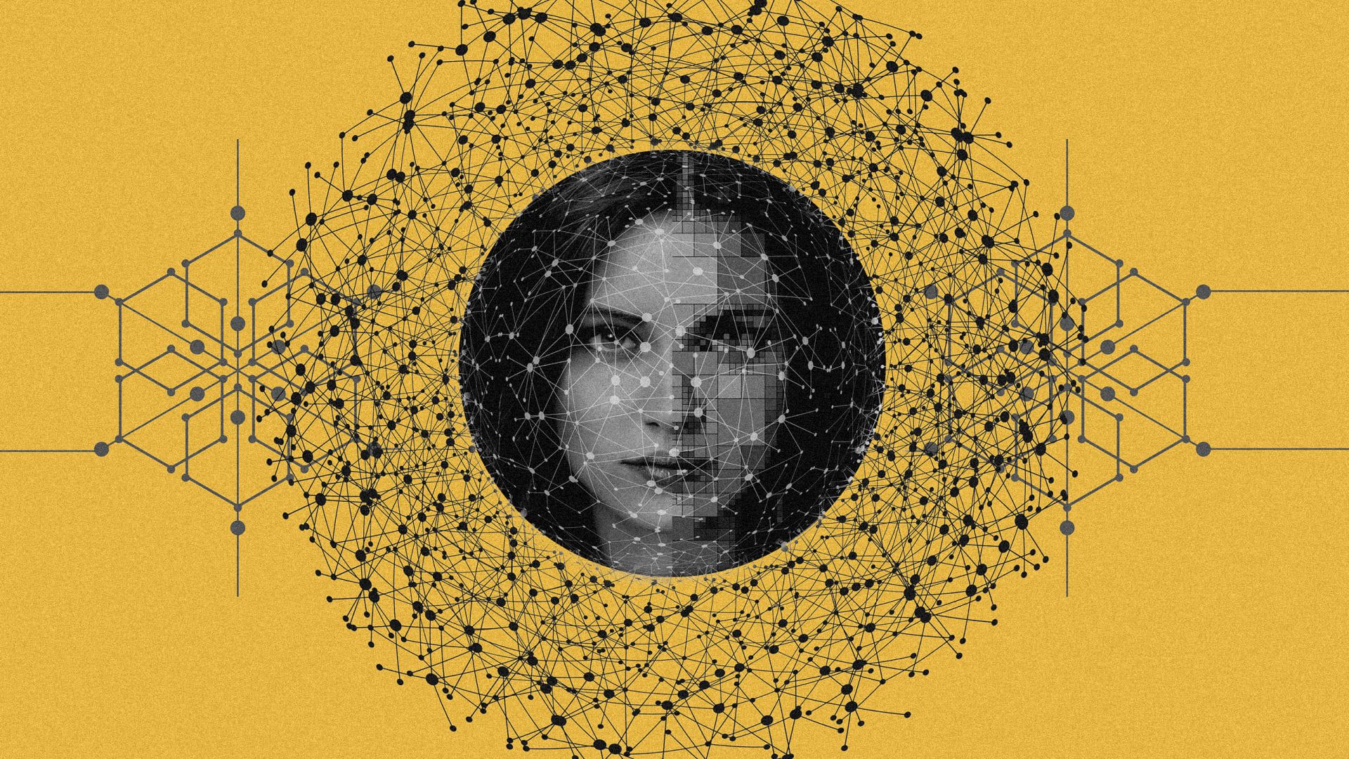 A pixelated face of a woman centered within a network of interconnected black lines and nodes on a yellow background, symbolizing digital connectivity.