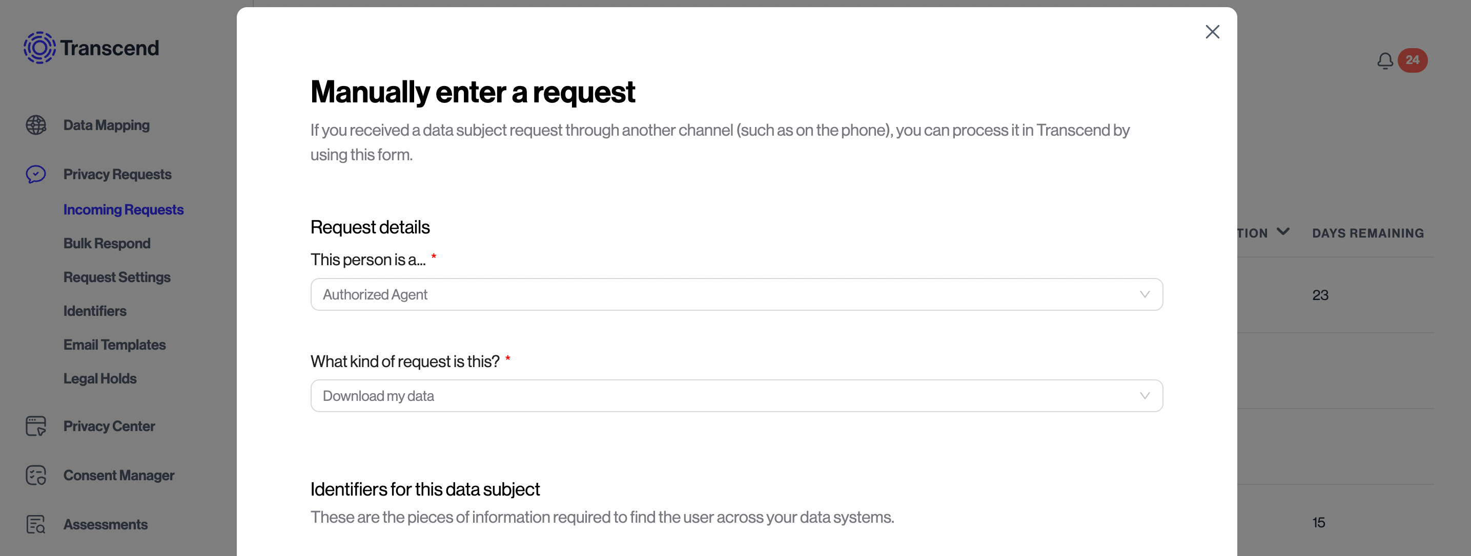 Example of transcend software showing the manual request entry feature