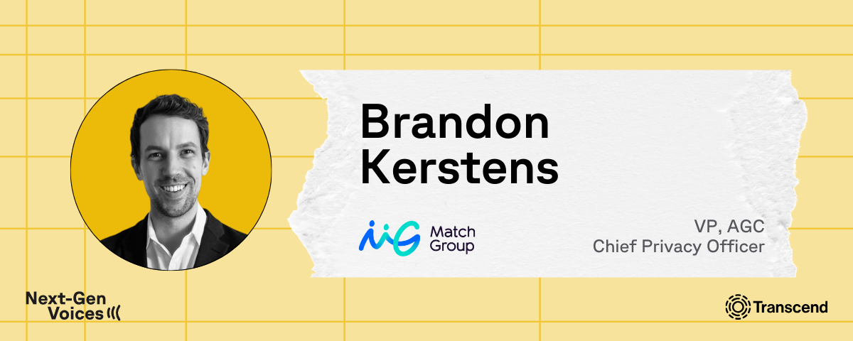 Profile of Brandon Kerstens with his name, attributing him math groups vp agc and Chief Privacy Officer  with logo below next-gen voices by transcend with logo