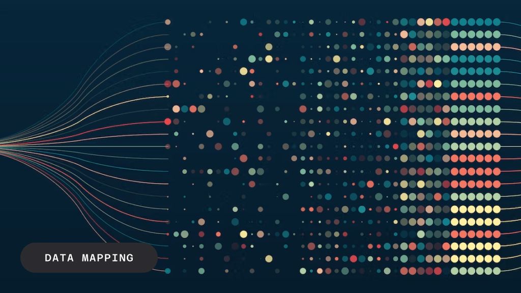 Abstract visualization of data mapping: colorful lines flow into scattered and organized colored dots, with "DATA MAPPING" text.