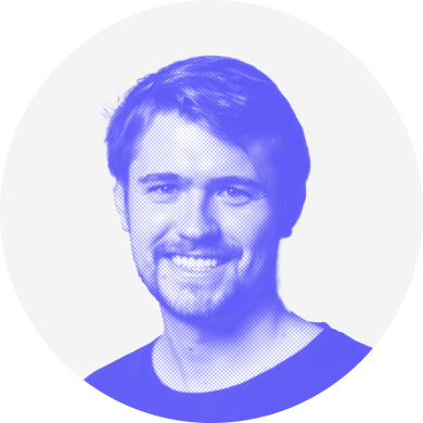 Blue monotone headshot photo of Mike Farrell