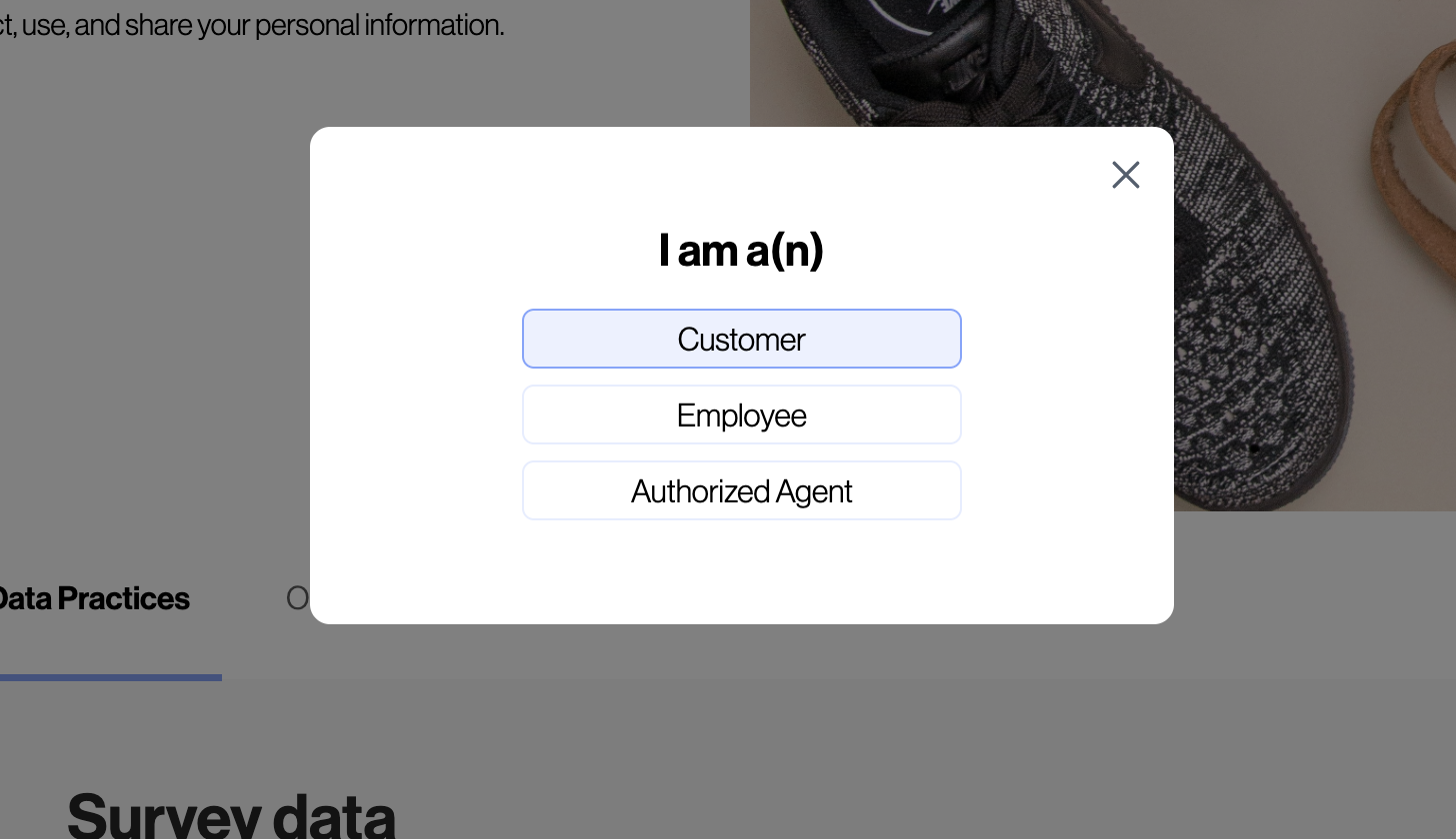 Website popup reading I am a(n)customer, employee, or authorized agent