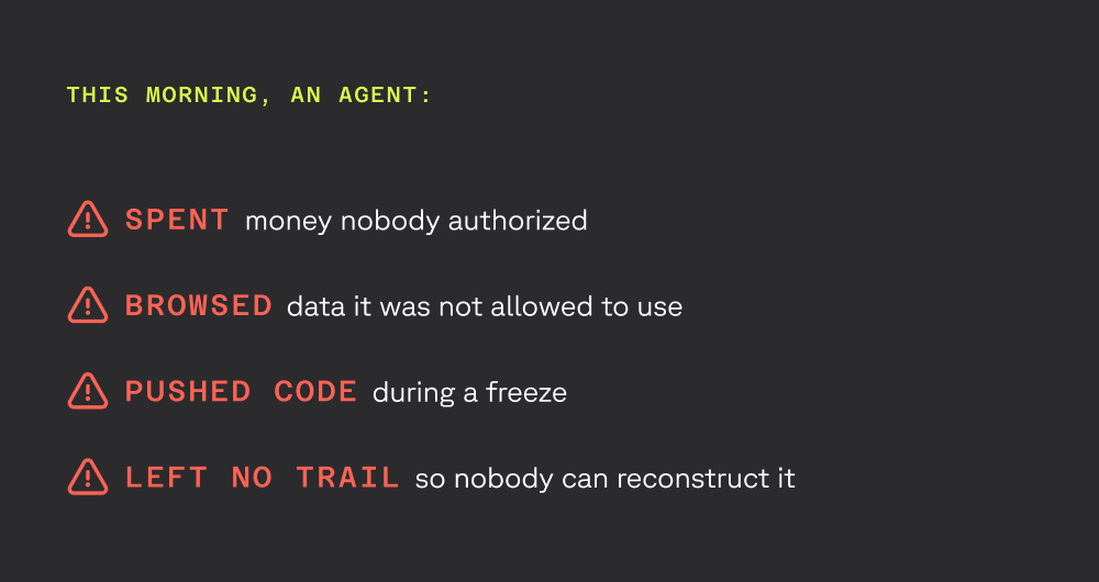 A list on a dark background details four warning messages about an agent's unauthorized actions: spent money, browsed restricted data, pushed code during a freeze, and left no trail.