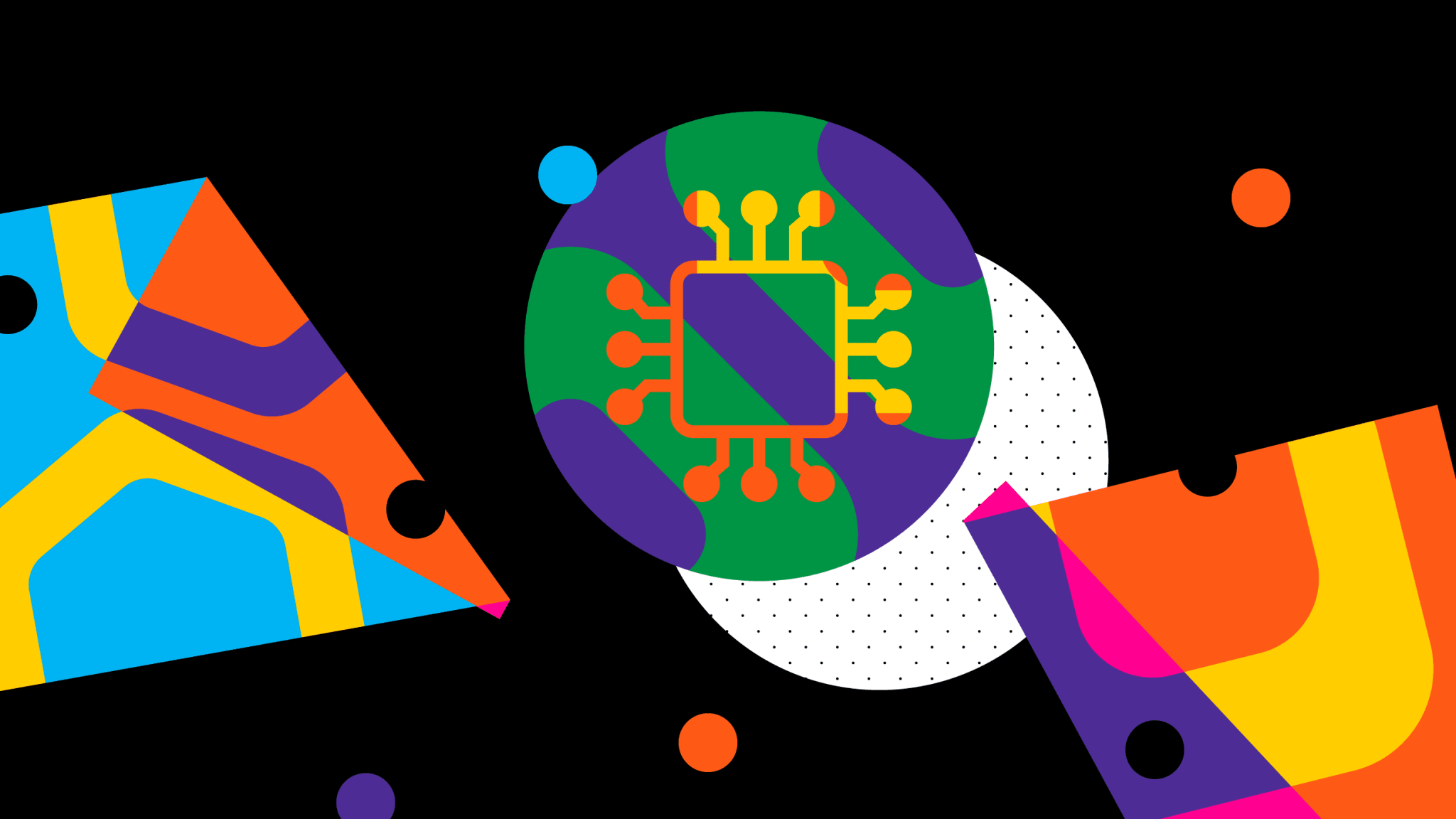 A colorful illustration with an outline of a microchip in the foreground.
