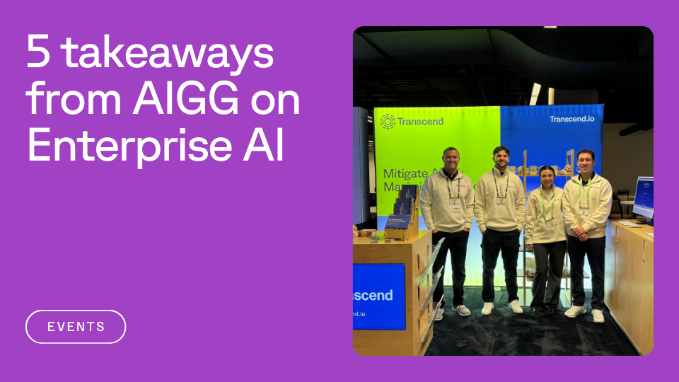 Four people standing at a trade show booth for Transcend in branded attire, with signage focused on enterprise AI. The text on a purple background reads "5 takeaways from AIGG on Enterprise AI."