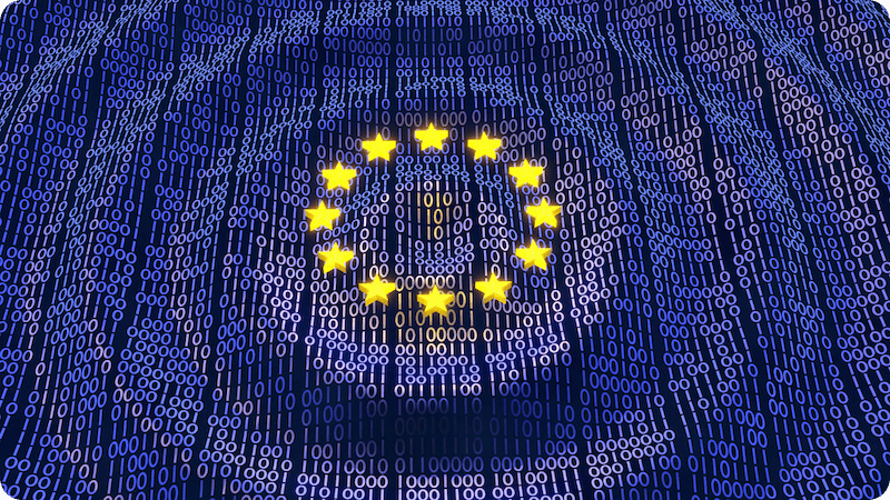 Wavy flow of binary code creating the EU flag design