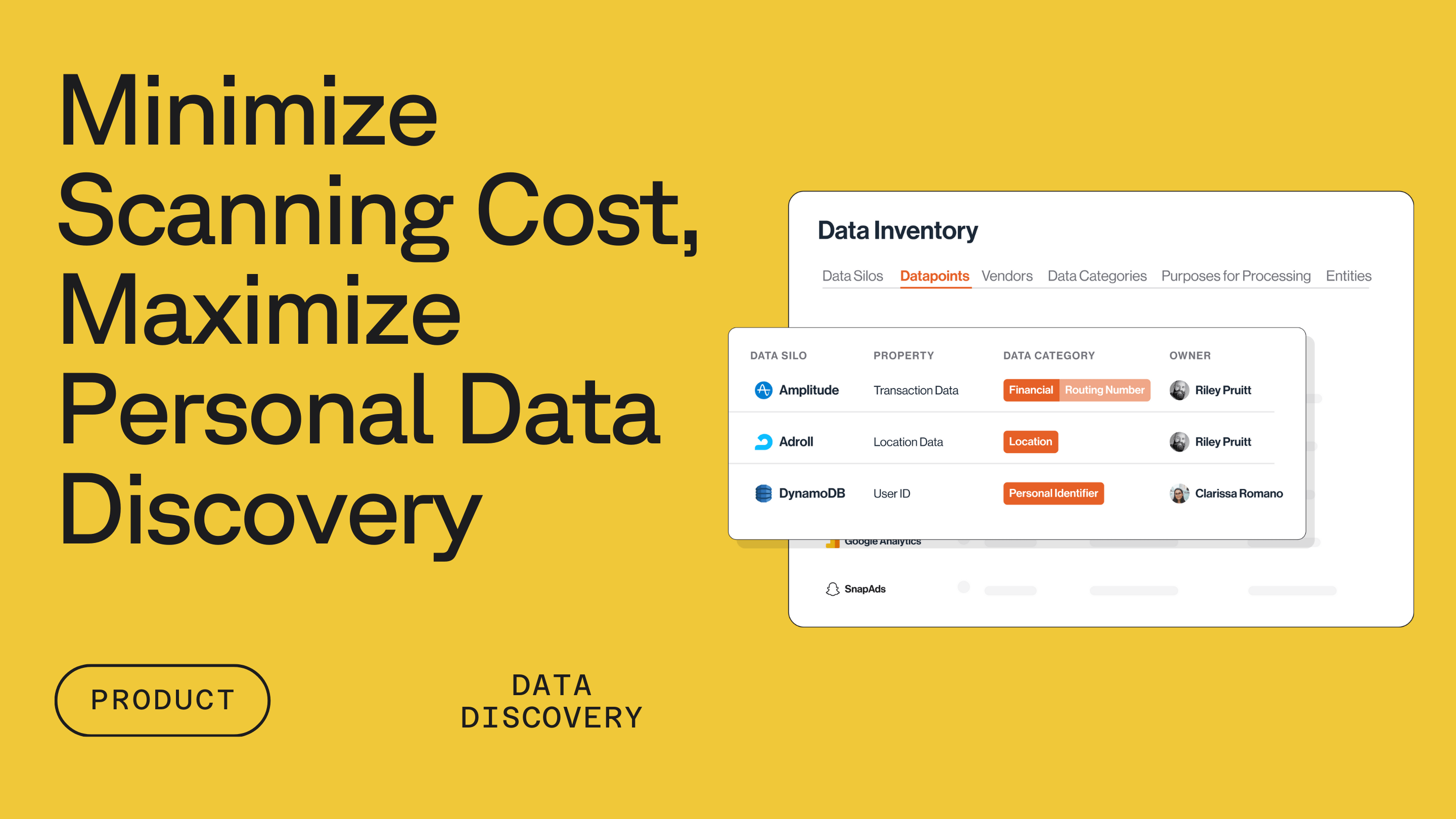 An example of Transcend software showing data inventory in front of a yellow background with text reading Minimize Scanning Cost, Maximize Personal Data Discovery, Data Discovery, and a button reading Product