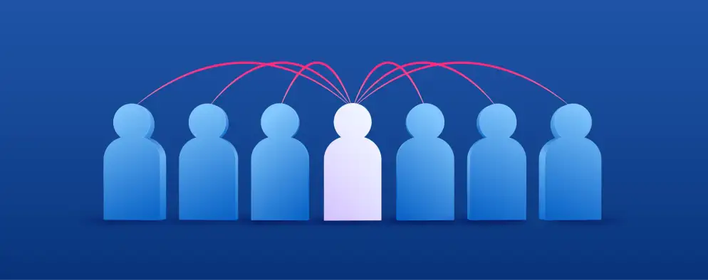 Graphic showing row of person silhouettes connected to single one in the middle via lines