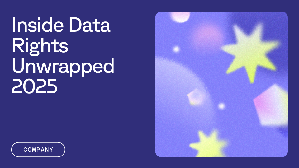 Text reading "Inside Data Rights Unwrapped 2025" is displayed on a dark blue background next to an abstract illustration with blurred stars and circles in pastel colors.