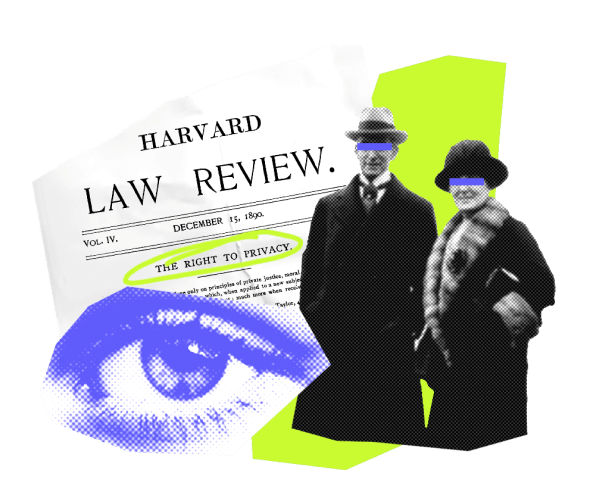 A bold design with an eyeball two people wearing early 20th century fashion and a sheet reading right to privacy