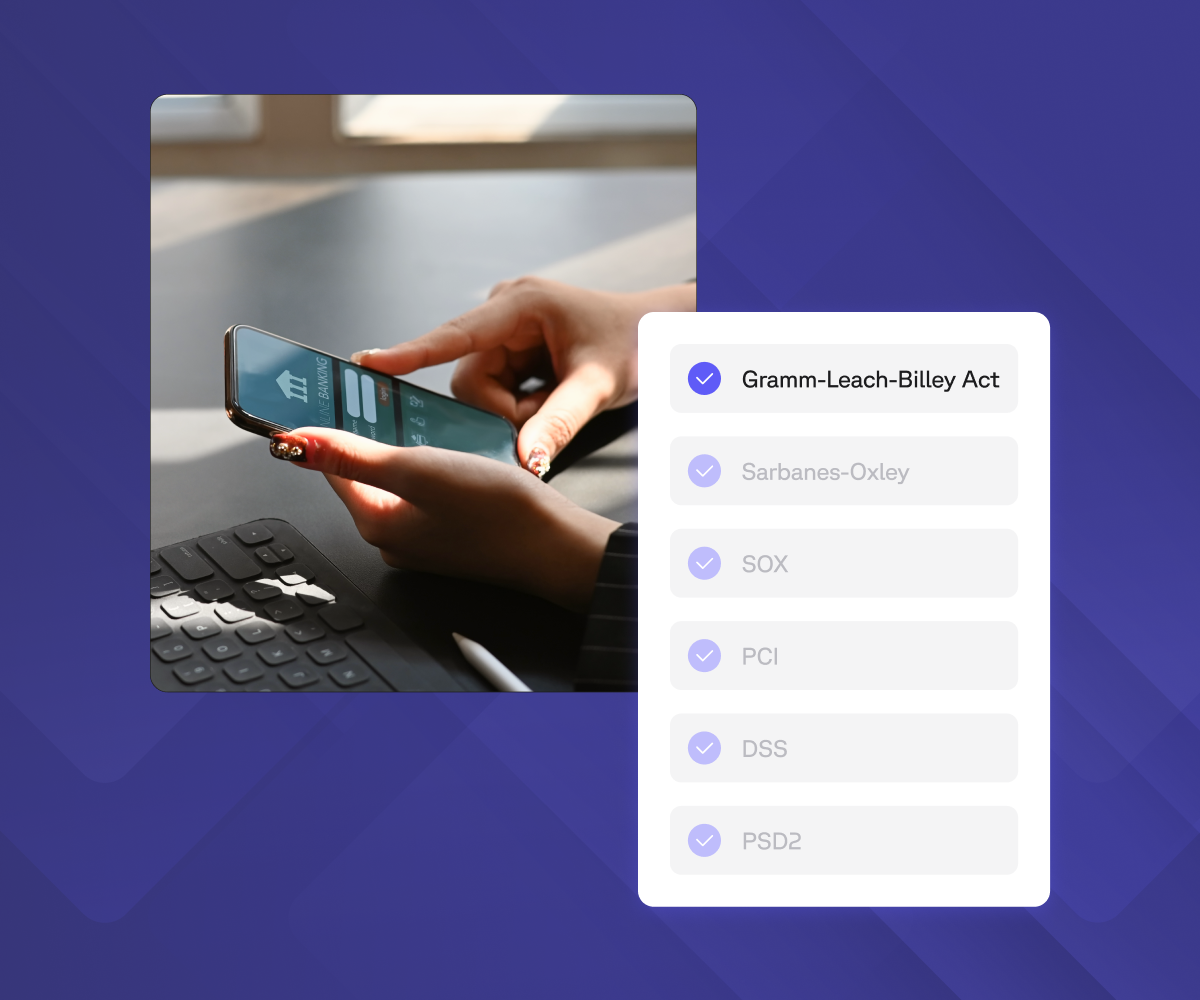 Person using a banking app on a smartphone, next to a checklist of financial compliance regulations.