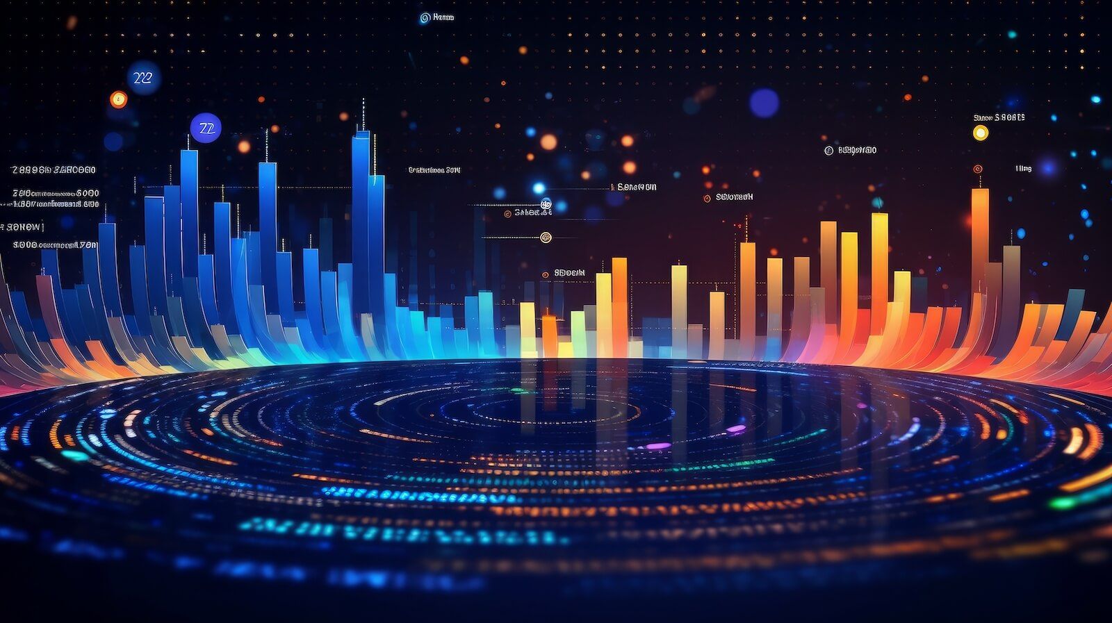 Graphic showing round circular pool of code lines surrounded by rising bar graphs in blue and orange