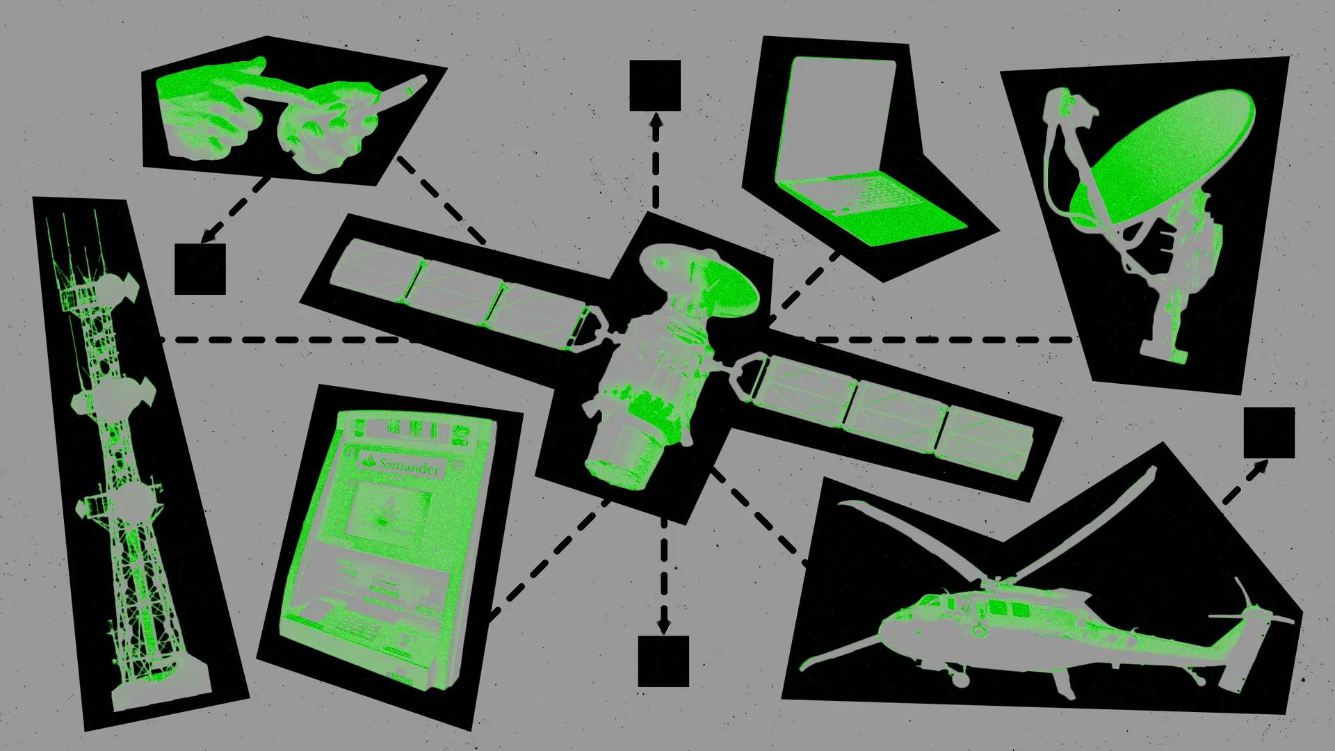 A central satellite connects to a series of surrounding images including a cell tower, hands holding a smartphone with a messaging app, a laptop, a helicopter, and a satellite dish, all depicted in vibrant green against a gray background.