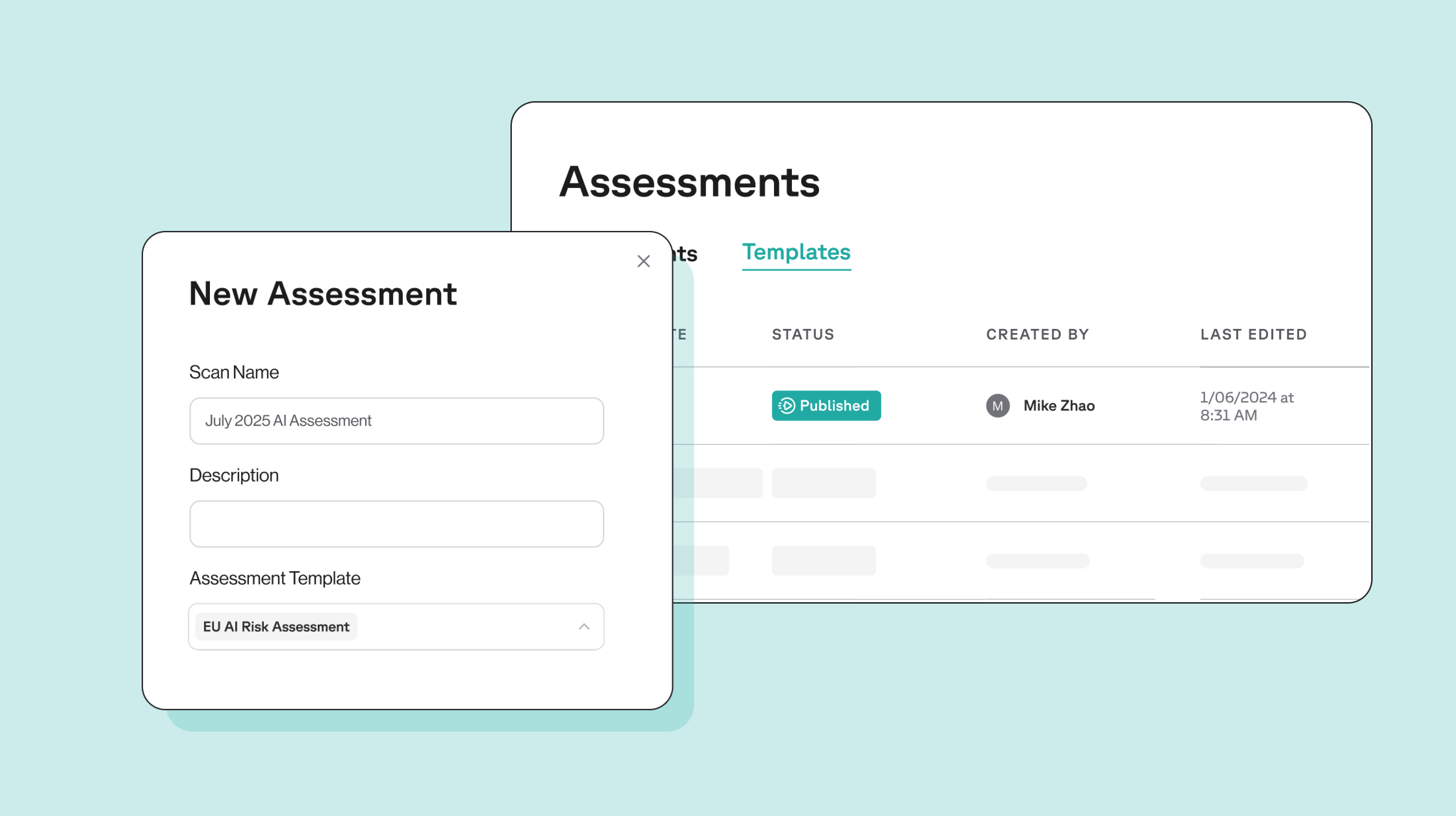 An example of Transcend software showing Assessment templates