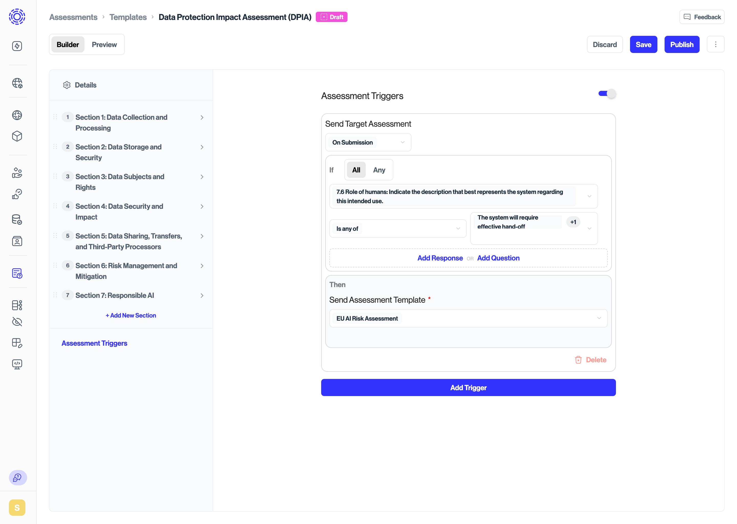 A data protection impact assessment template is displayed on a digital platform, featuring sections and triggers related to data collection, storage, risk management, and response. Options for sending an assessment and adding questions are included in the interface.