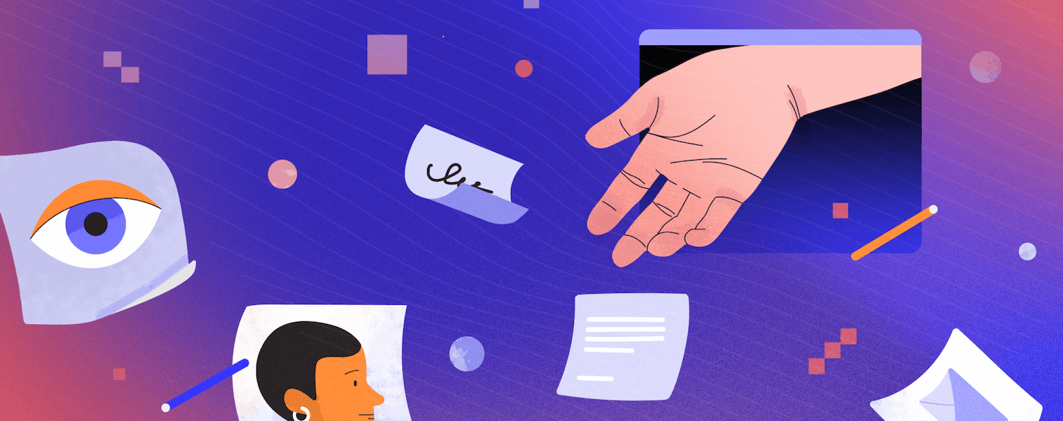 Stylized graphic design with bold shapes, art of hand reaching out, an eye, and documents floating around space