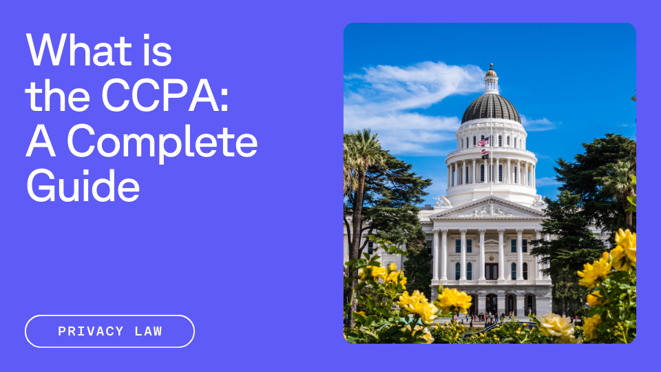 Text that says "What is the CCPA: A complete guide to privacy law California" with a picture of the capital building in Sacramento CA