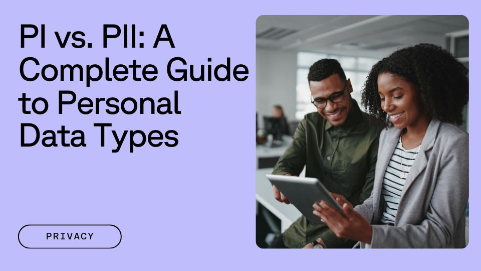 Text that reads "PI vs. PII: A Complete Guide to Personal Data Types" next to an image of two young black professionals smiling while looking at an iPad