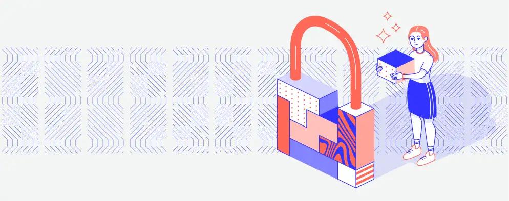Graphic of a woman holding a box, which is the missing piece from padlock in front of her