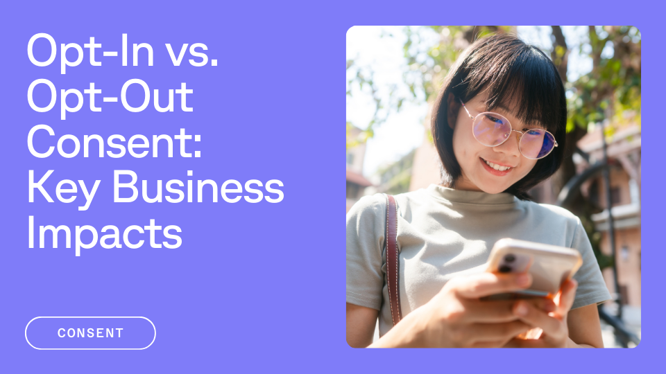 Woman happily using phone aside with text opt-in vs. opt-out consent key business impacts