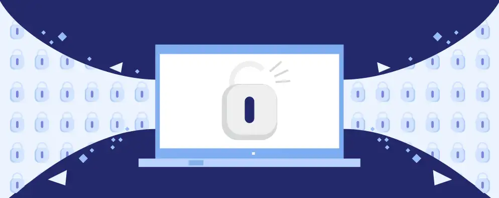 A laptop display shows an open padlock icon, symbolizing unlocked security, surrounded by rows of closed padlocks on a dark blue background.