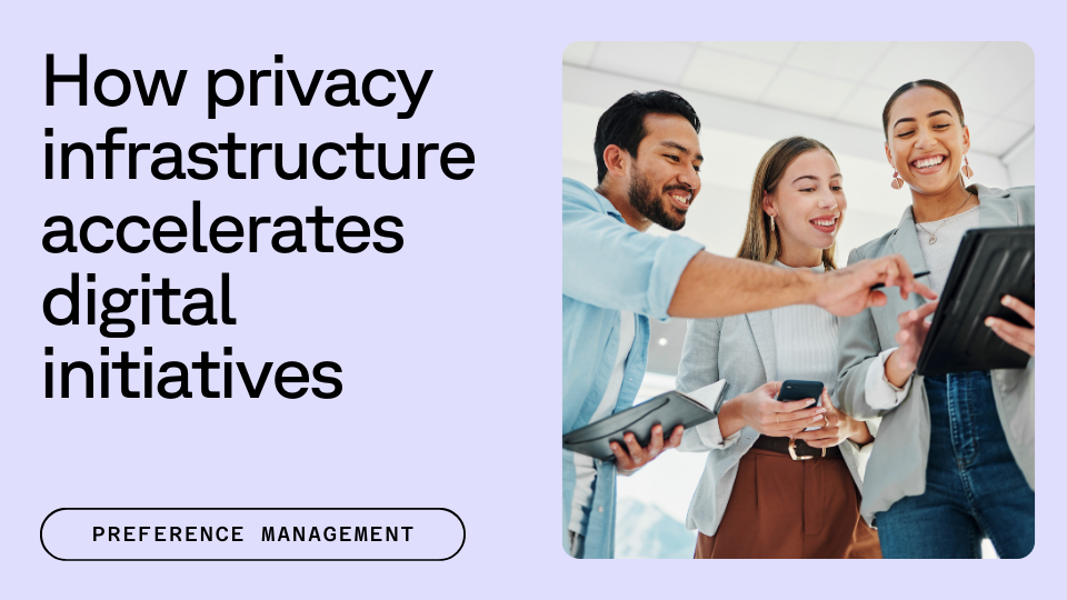 Text that reads "How privacy infrastructure accelerates digital initiatives" next to a photo of three smiling marketers looking at a tablet