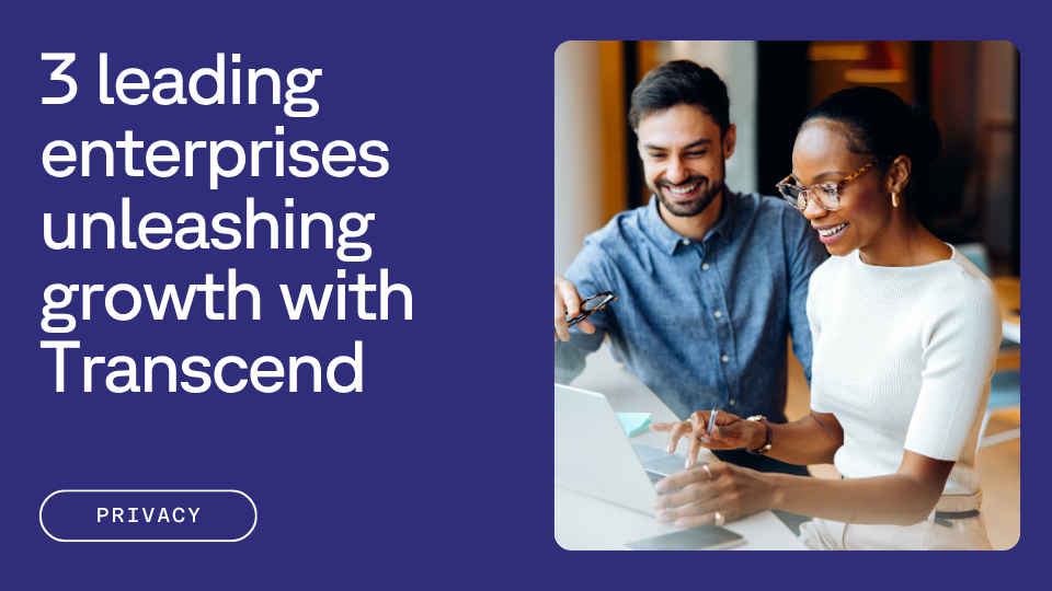 A man and woman smiling while looking at a laptop, with text reading "3 leading enterprises unleashing growth with Transcend" on a blue background.