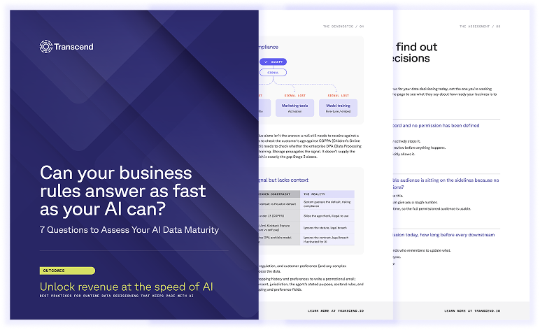 Transcend digital report titled 'Can your business rules answer as fast as your AI can? 7 Questions to Assess Your AI Data Maturity'.