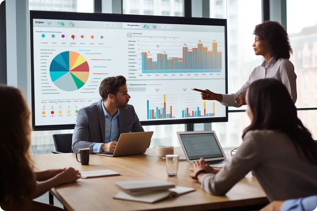 Professionals gathered around meeting room table while one presents data on screen
