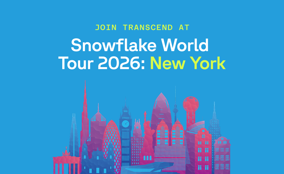 Transcend promotes the Snowflake World Tour 2026 in New York on October 15, 2026, at Javits Center, with a colorful cityscape silhouette on a blue background.
