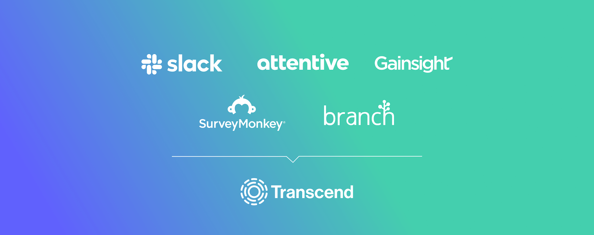 Tech logos including slack attentive gainsight surveymonkey branch stacked above transcend on blue green gradient background