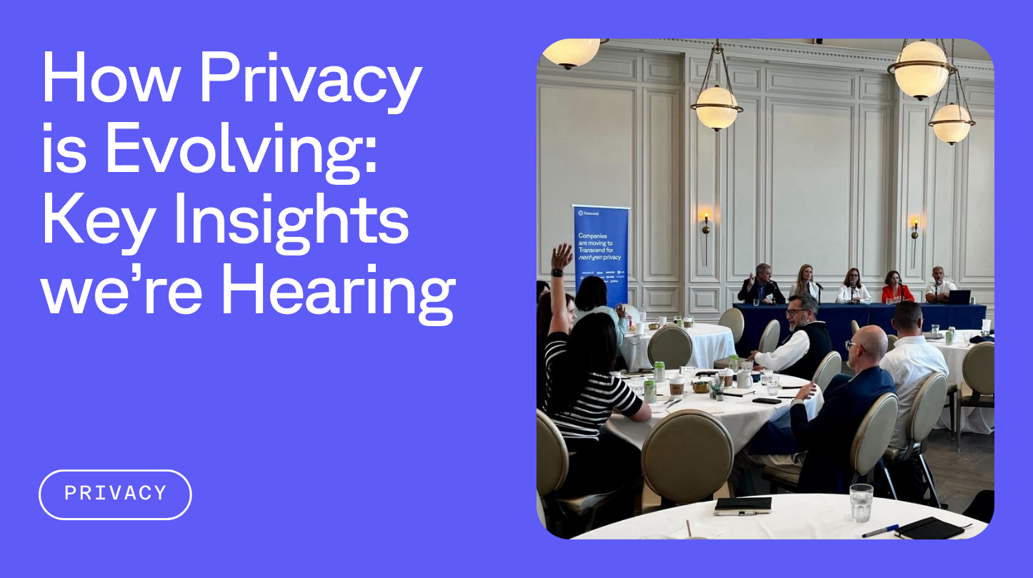 Ballroom hosting panel of speakers next to text reading How privacy is evolving: key insights we're hearing
