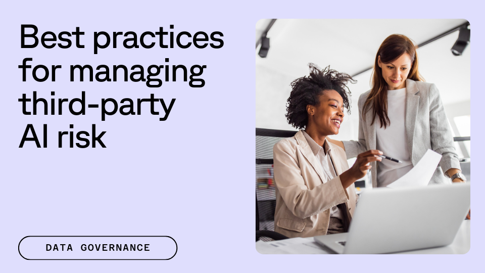 Two professionals collaborating over documents in an office setting, with text on the left reading "Best practices for managing third-party AI risk" and a button labeled "Data Governance."