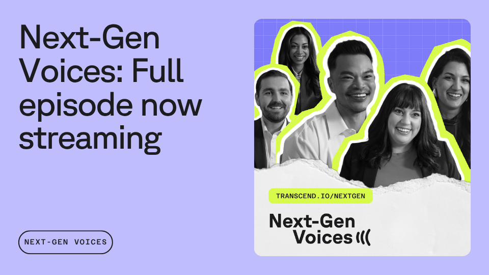 Five smiling individuals are featured with a ripped paper effect, alongside text stating "Next-Gen Voices: Full episode now streaming" and a URL link to transcend.io/nextgen on a light purple background.