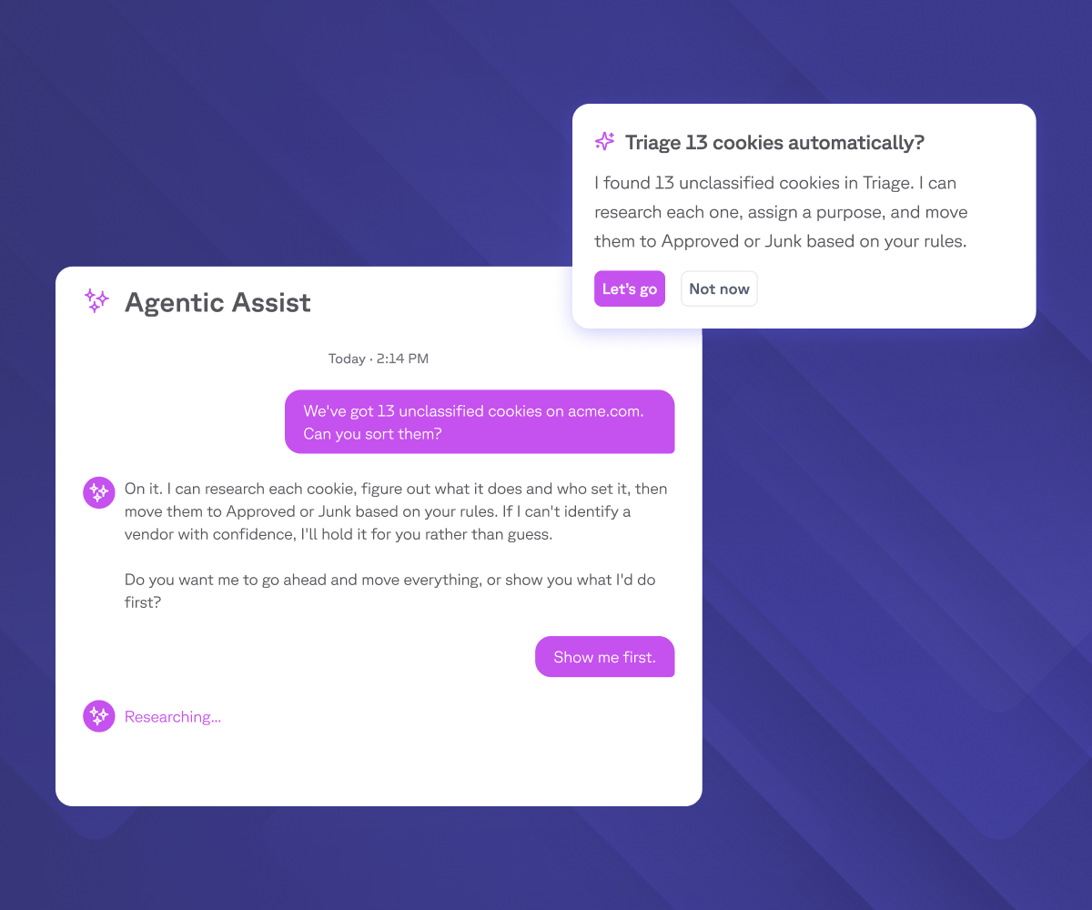 An AI assistant interface discussing the automatic triaging of 13 unclassified cookies, with options to proceed or review.
