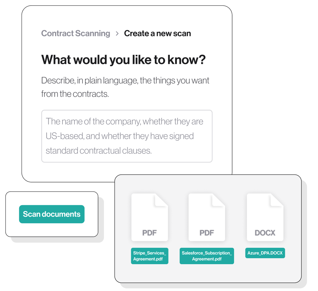 Renderings of contract scanning tool showing various file types and scan documents button