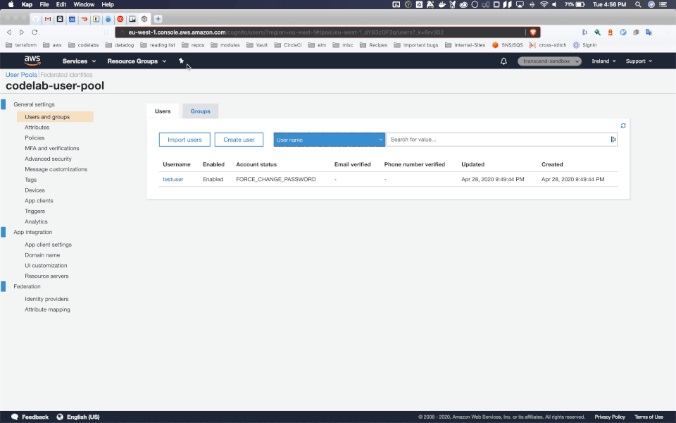 AWS Cognito user pool interface showing a list of users with usernames, account status, email verification status, and timestamps for creation and updates.