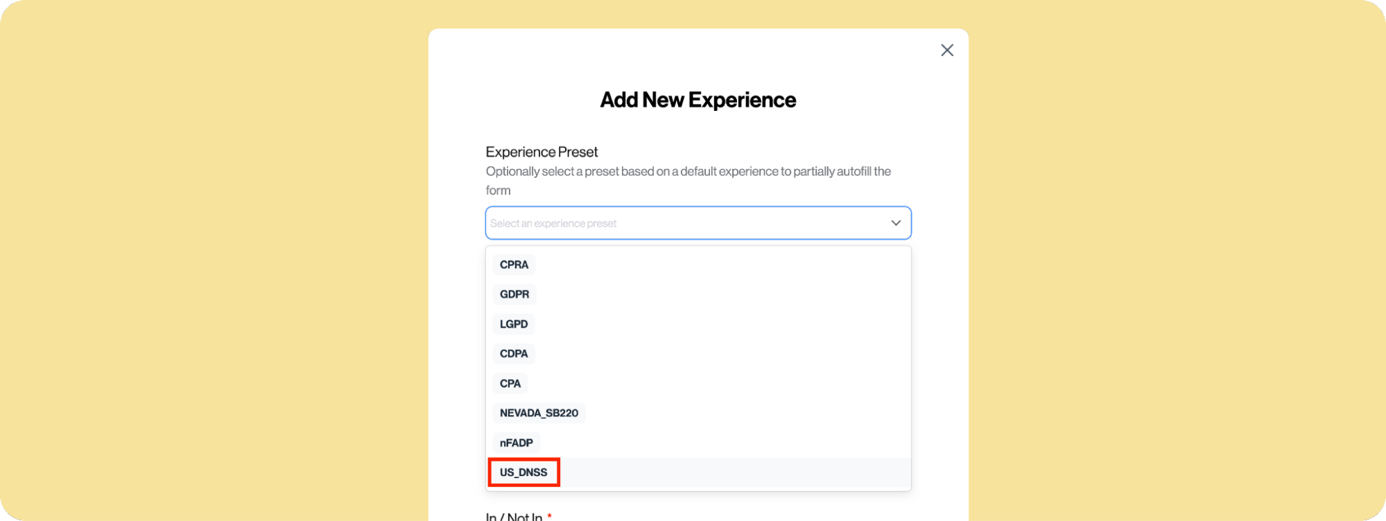 Screenshot of the 'Add New Experience' screen in a Transcend product, showing a dropdown menu with various experience presets, including CPRA, GDPR, and US_DNSS.