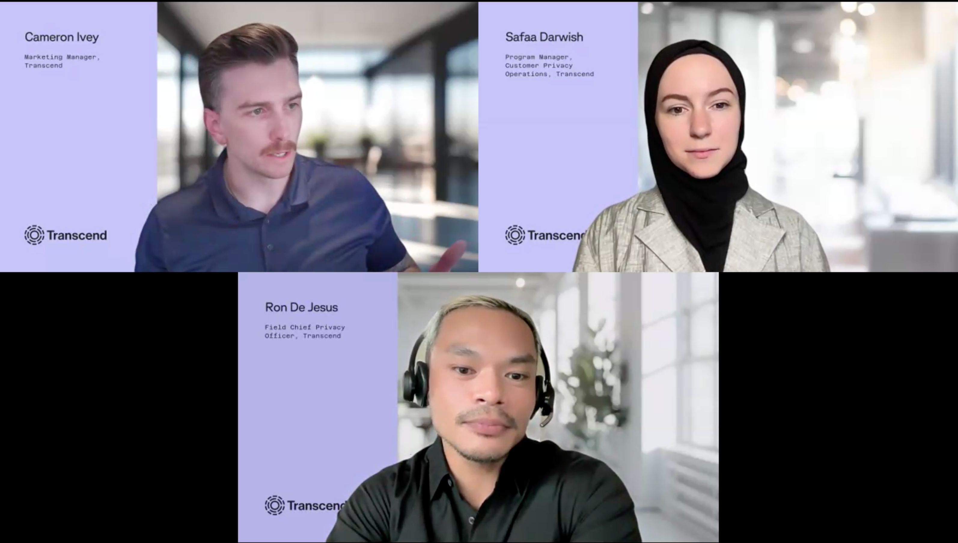Cameron Ivey, Safaa Darwish, and Ron De Jesus speaking in a webinar on future-proofing your consent management strategy