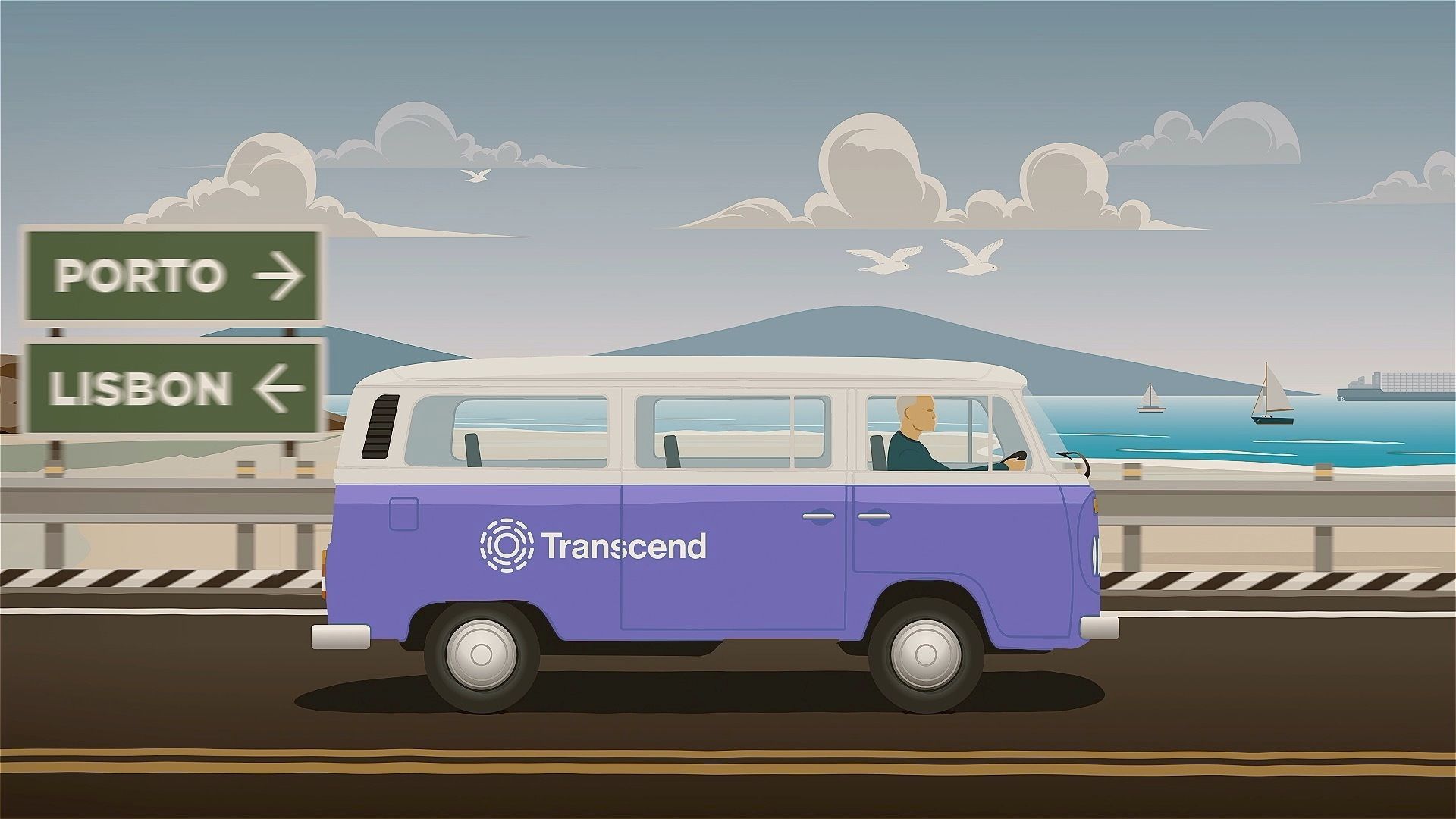 Illustration of a purple van with the Transcend logo, driving along a coastal road with signs pointing to Porto and Lisbon.
